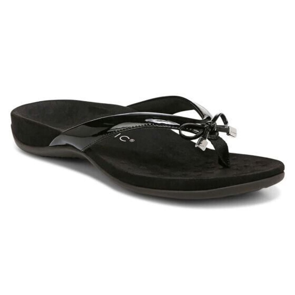Vionic Bella II Black Leather Orthopedic Slip On Thong Sandals Womans Size 8